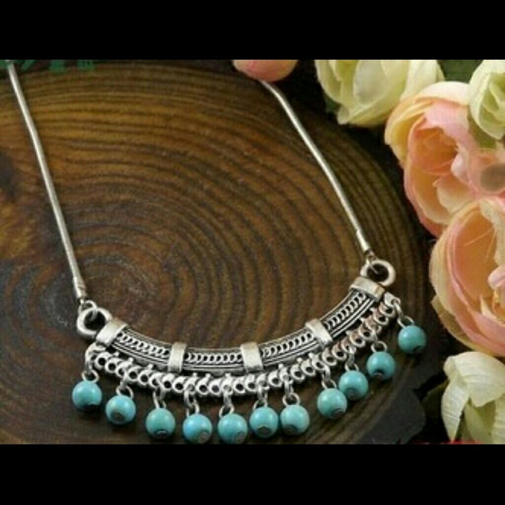 Silver Tone Turquoise Or Red Bohemian Necklace